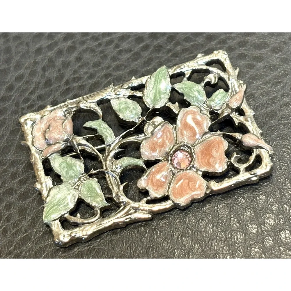 1928 Victorian Revival Rhinestone Enamel Brooch Pin Silver Tone Pink Flower